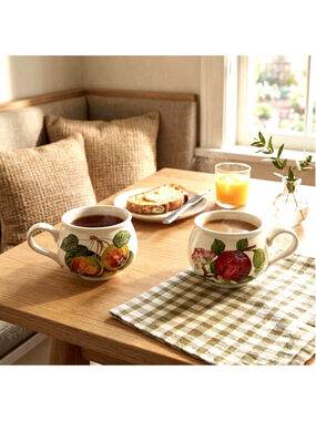Portmeirion Pomona Romantic Footed Cup Coffee Mugs Plum Apple England Set Of 2